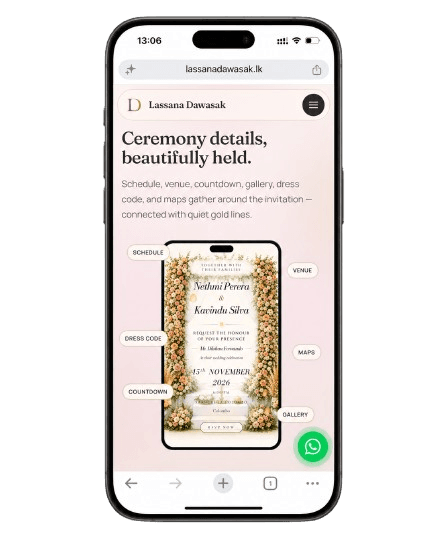 Mobile landing page highlighting ceremony details