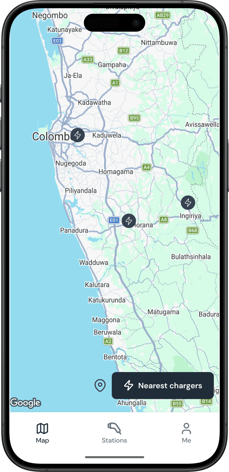 PlugIt map view showing charging stations across Sri Lanka