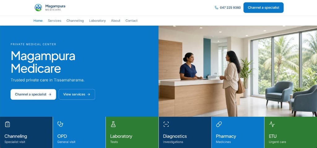 Magampura Medicare website homepage with hero, channeling call to action, and service tiles for OPD, laboratory, diagnostics, pharmacy, and ETU